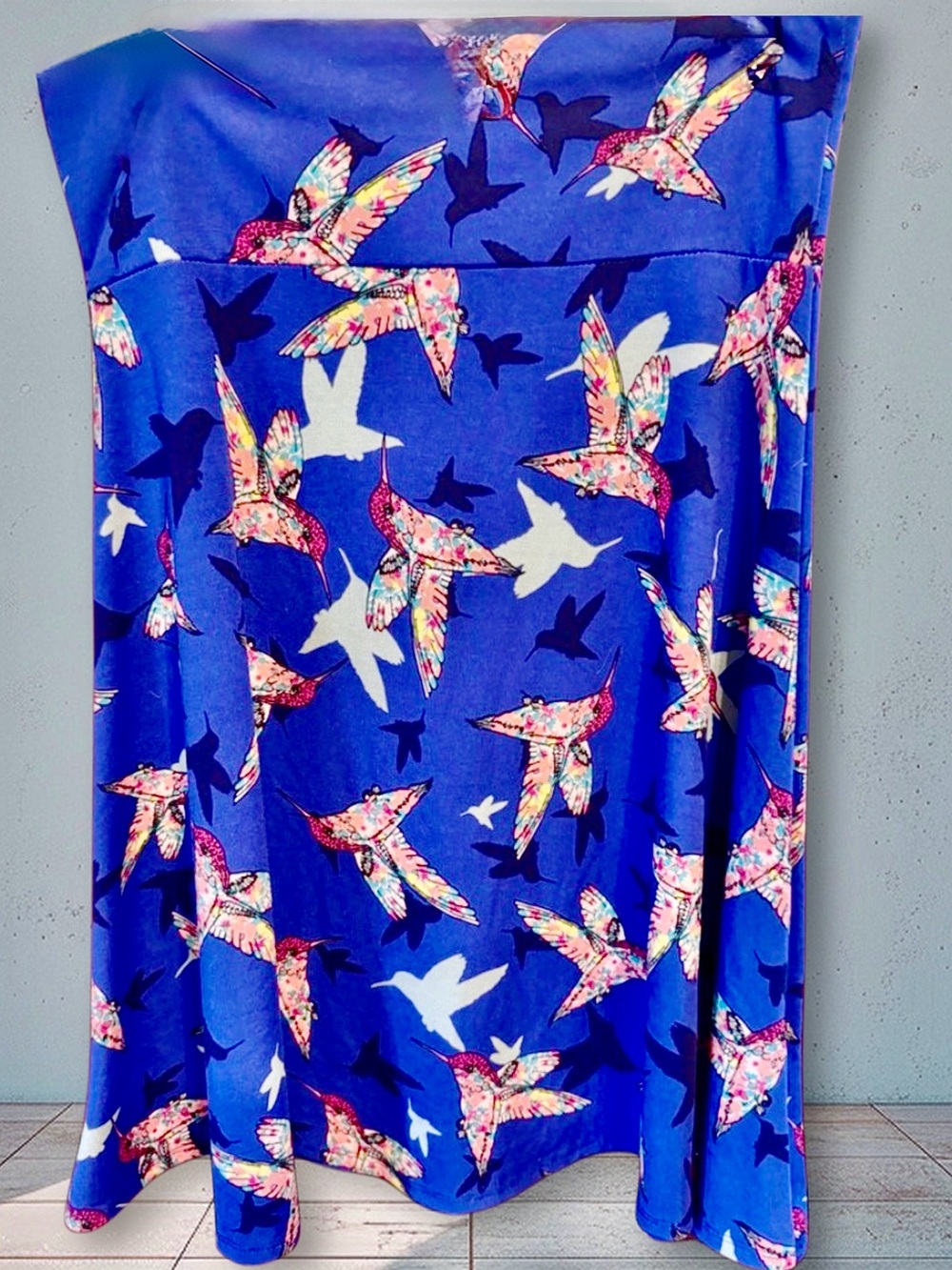 LuLaRoe Blue Multicolor Humming Bird Print A-Line Skirt size XL